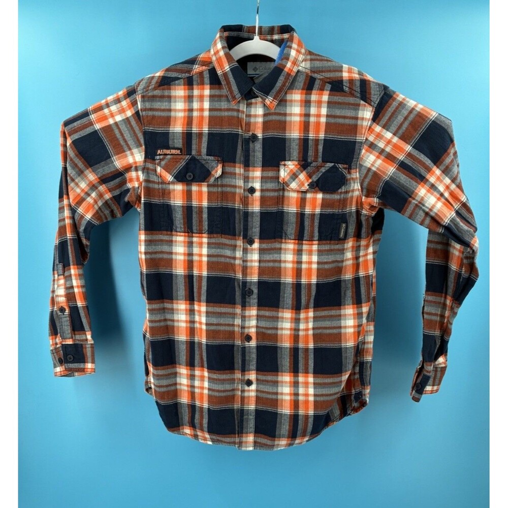 Columbia Auburn Tigers Mens Flannel Shirt M Orange Navy Plaid Long Sleeve